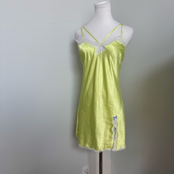 Neon Yellow Satin Slip Dress Lace Trim Y2K Victoria’s Secret Style S - Picture 2 of 9